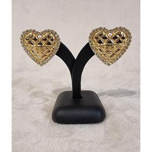 Chanel Pair Of Quilted Heart Earrings In Gold Metal & Crystal
