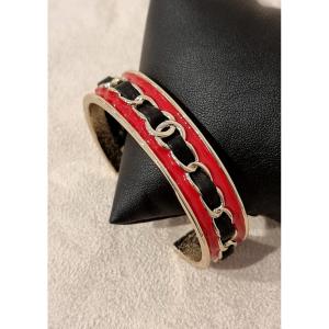 Chanel Red Enamel Bracelet Black Leather & Gold Metal