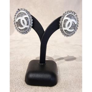 Chanel Double Cc Enamel & Crystal Earrings 