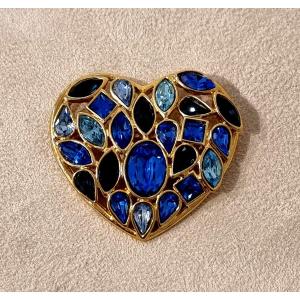 Ysl Yves Saint Laurent Heart Brooch, Aphrodite Model, Blue Crystal 