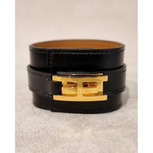 Hermès Drag Cuff Bracelet In Gold Plating And Black Leather