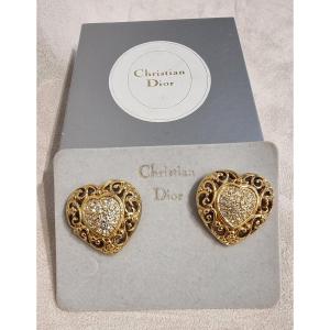 Christian Dior Pair Of Heart-shaped Earrings In Gold-tone Metal And Crystal