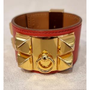 Hermès Gold-plated And Coral Red Leather Dog Collar Cuff Bracelet