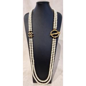 Chanel Sautoir Necklace In Gold-plated Metal With Double Rows Of Iridescent Glass Beads 