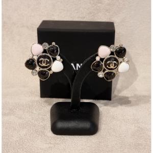 Chanel Pair Of Gold-tone Metal Earrings With Crystal & Resin