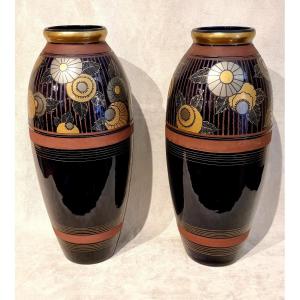 Louis Dage Pair Of Art Deco Polychrome Ceramic Vases 1920-1925