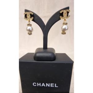 Chanel Pair Of Gilded Metal Earrings With Pearly Glass Beads & Crystal