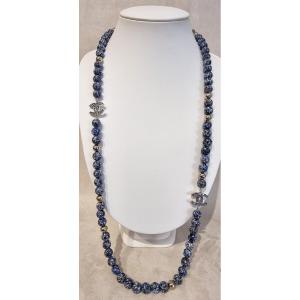 Chanel Sautoir Necklace In Gold-plated Metal With Glass Beads And Blue Crystal