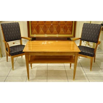 Jean Desnos Set Of Living Room Pair Of Armchairs & Table Circa 1940