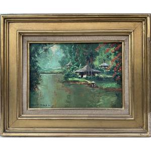 Henri Mège Painting Morning River Hue Vietnam Fisherman Original 1950 Painting