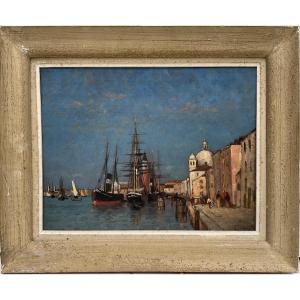 Charles Albert Porcher Painting 19th Century Boat Venice Canal Salute 