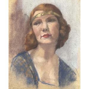 Large Pastel Portrait Of A Woman With An Art Deco Headband From The 1920s 