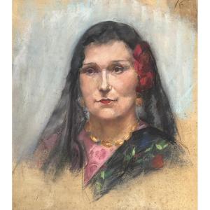 Rare Pastel Portrait Of A Gypsy Woman, 1920s Art Deco 
