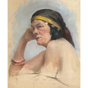 Rare Pastel Portrait Of A Gypsy Woman, 1920s Art Deco