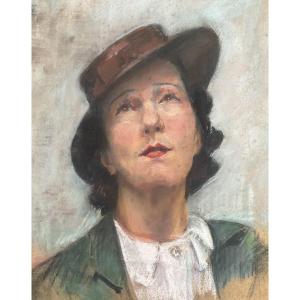 Rare Pastel Portrait Of A Woman With A Hat, 1920s Art Deco 