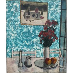 Michel Henry Painting 60/70 Interior Scene Bouquet Of Flowers Still Life 