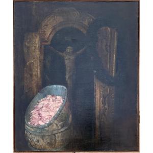 Philippe Rousseau 1850 Original Painting On Oil Still Life Christ Flowers