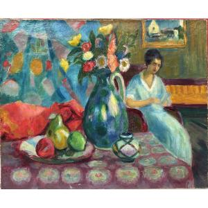 Eugene Tirvert Painting On Oil 1920 Art Deco Still Life Woman Reading 