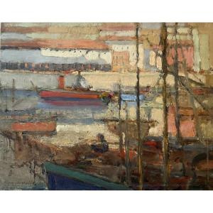 Lucienne Capdevielle Painting, Marine Scene, Boats, Port, Darse, Algiers, 1930 