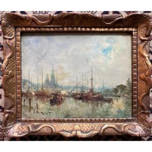 Jean étienne Karnec, 19th-century Painting, Boats In The Port Of Rouen 