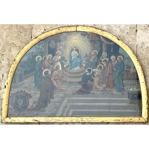 Rare Biblical Scene, 19th Century Gouache Painting: Pentecost, Virgin Mary, Apostles, Coat Of Arms