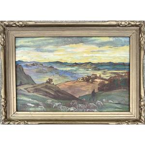 Josef Vaclav Smesny - Barnet Painting Hsc Landscape Riverbanks And Sheep 1950 Czech