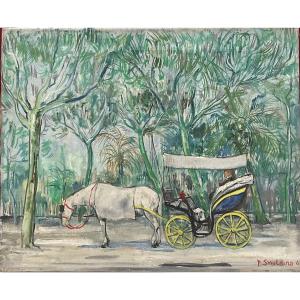 Paul Smolders Original Painting: Horse-drawn Carriage In A Park 1962