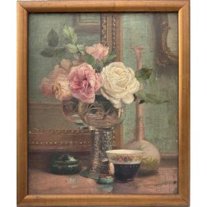 19th Century Painting, French School, Still Life With Bouquet, Signed 