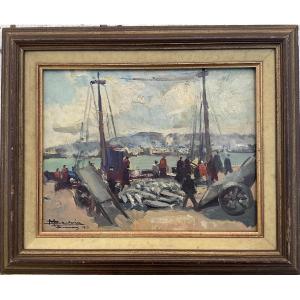 Marcel Bertoin Painting Brittany 1953 Painting Fishermen Boats Douarnenez 5f