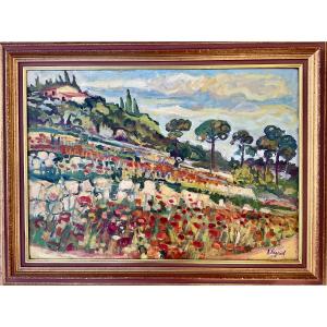 Gérard Fagard Large Painting 30p Landscape Sanary Sur Mer Painting 92 X 65 Cm
