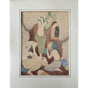 Beautiful Orientalist Watercolor Of 3 Women In A Harem, Signed Am 1892 