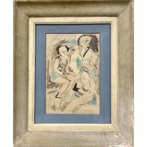 Rare Original Ink And Watercolor Drawing 1930 The Three Bathers Art Deco