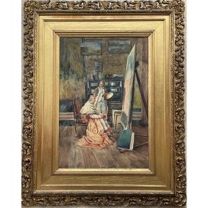 Edoardo Gioja Rare Original Watercolor 1900 The Artist And His Model Man Of The Church