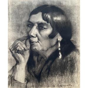 Lucienne Capdevielle Charcoal 1920 Drawing Portrait Of A Gypsy Woman, Traveller