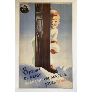 Roland Hugon Vintage Litho Poster 1938 Sncf 8 Days Of Snow Skiing Mountain Skiing