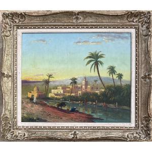 Vincent Manago Painting Orientalist Work 1910/20 Landscapes Washermen Riverbank 