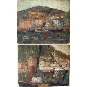 Lucienne Capdevielle Lot 2 Marine Paintings Boats Fishing Port 1920/30
