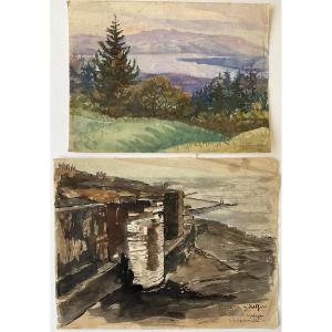 Lucienne Capdevielle 2 Watercolors Lake Geneva + Malaga 1920/30