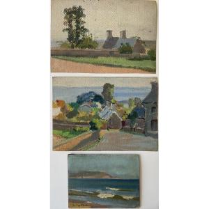 Lucienne Capdevielle Set Of 3 Paintings Landscapes Of Brittany 1920/30