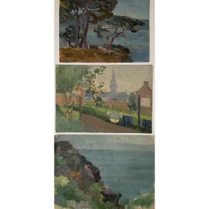 Lucienne Capdevielle Set Of 3 Paintings Landscapes Brittany 1920/30