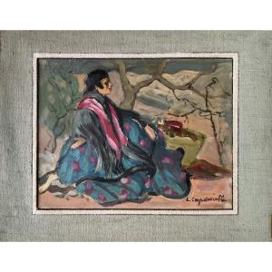Lucienne Capdevielle Painting 1920 Sitting Gypsy Landscape 