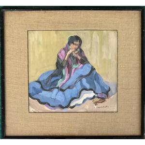 Lucienne Capdevielle Painting 1920 Gypsy Woman Embroidering Travelling People 