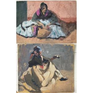 Lucienne Capdevielle Set Of 2 Paintings 1920 Subject: Gypsy Women 