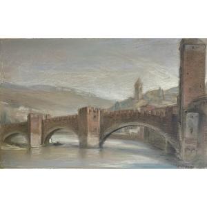 Léon Chesnay Rare Pastel 1920 Italy Stone Bridge Verona Adige River