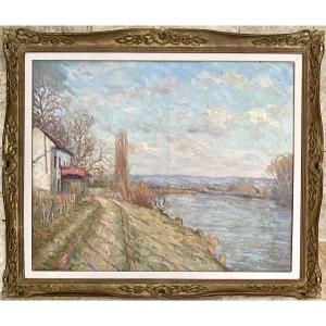 Louis Le Bail Original Painting 1901 Bord De Seine Medan Moulin Rouge