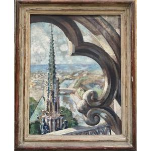 L.guerin Painting 1943 The Seine In Paris Seen From The Top Of Notre Dame