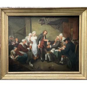 Large XIXth Century Panel l'Accordée De Village Circa Painted 1830/40 Dim 92 X 73 Cm