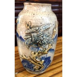 Crackle Glaze Meiji Satsuma With Bird Of Prey