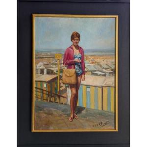 Dumond , Young Woman (agnès) In Front Of The Beach Cabins