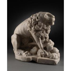 Lion, Element Of Recumbent Marble - France XIVth Century